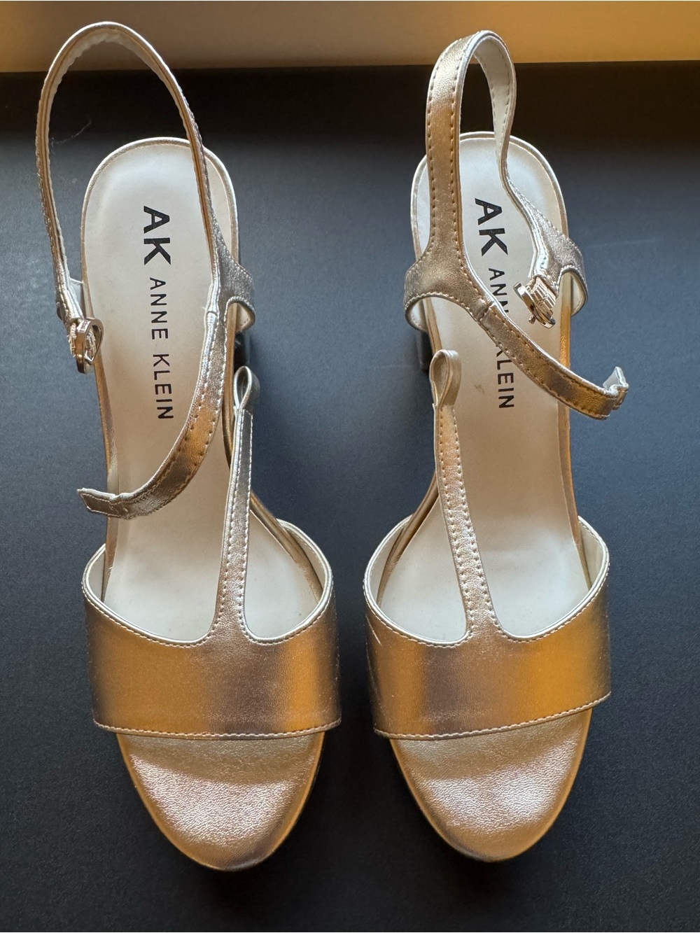 Anne Klein Metallic Gold T-Strap Slingback Heels